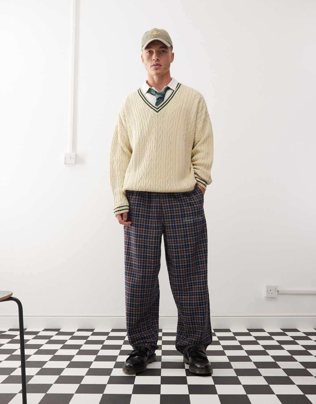 Reclaimed Vintage heavyweight baggy pants in brown plaid product image