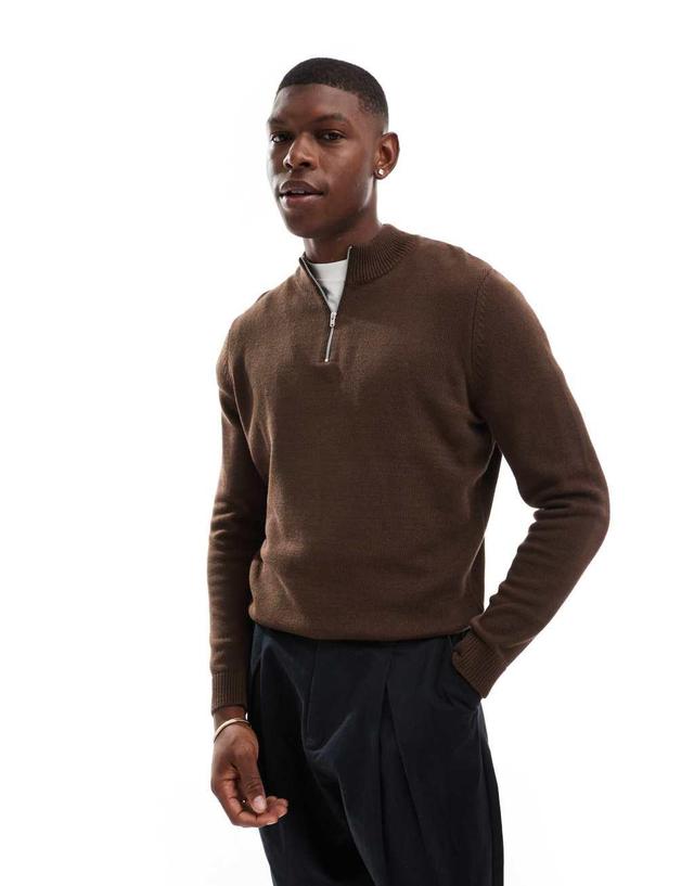 ASOS DESIGN midweight knitted quarter zip sweater in brown Product Image