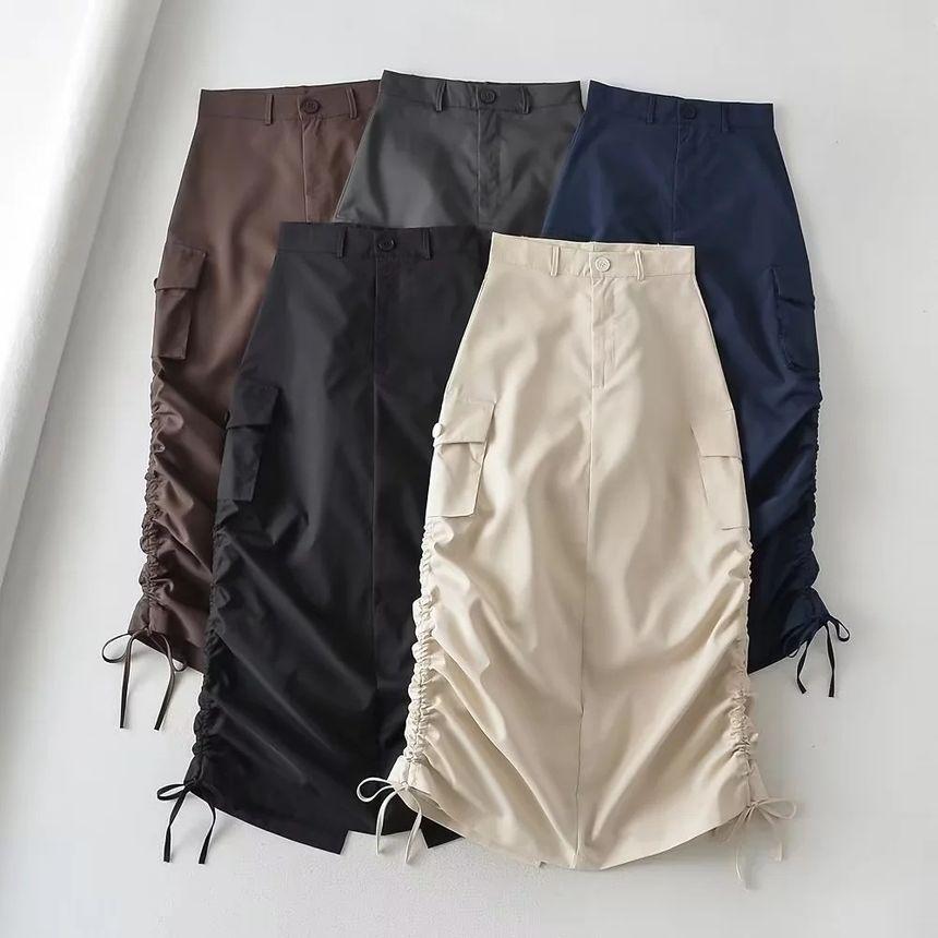 High-Waist Side-Drawstring Cargo Midi Skirt Product Image