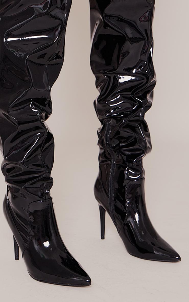 Black PU Point Toe Ruched Over The Knee High Heeled Boots Product Image