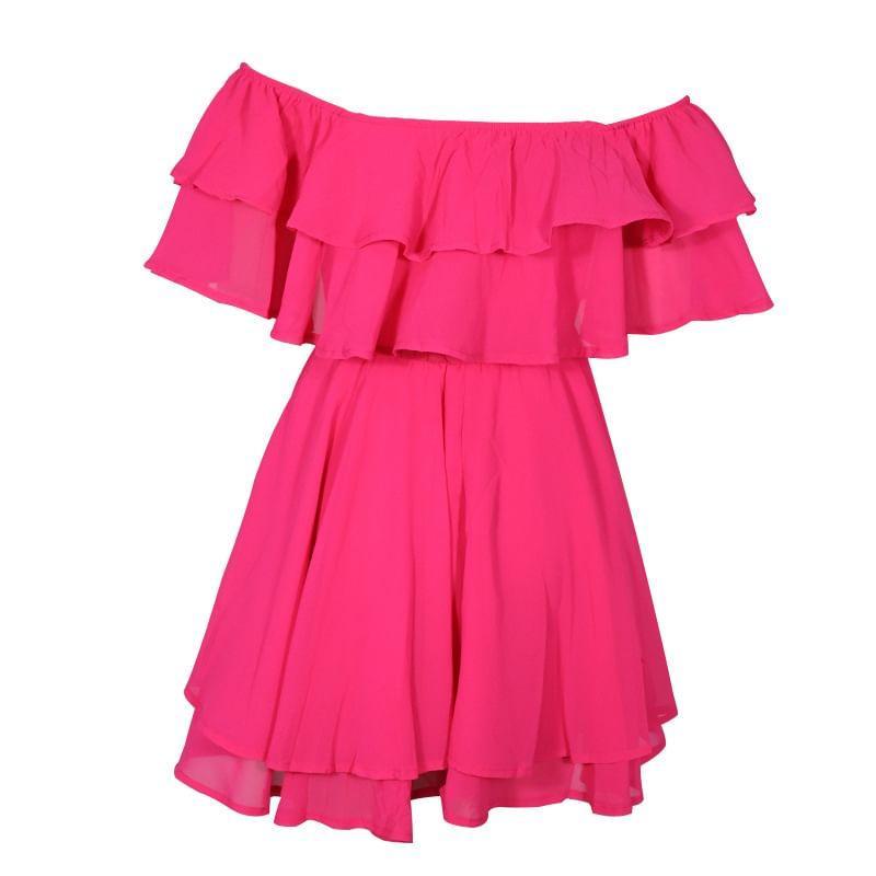 Off Shoulder Ruffle Plain Mini A-Line Dress Product Image