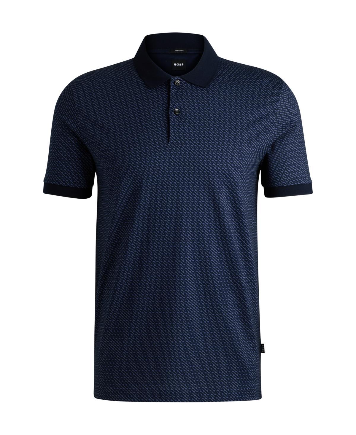 Boss By  Men's Two-tone Monogram Print Polo Shirt In Dark Blue Product Image