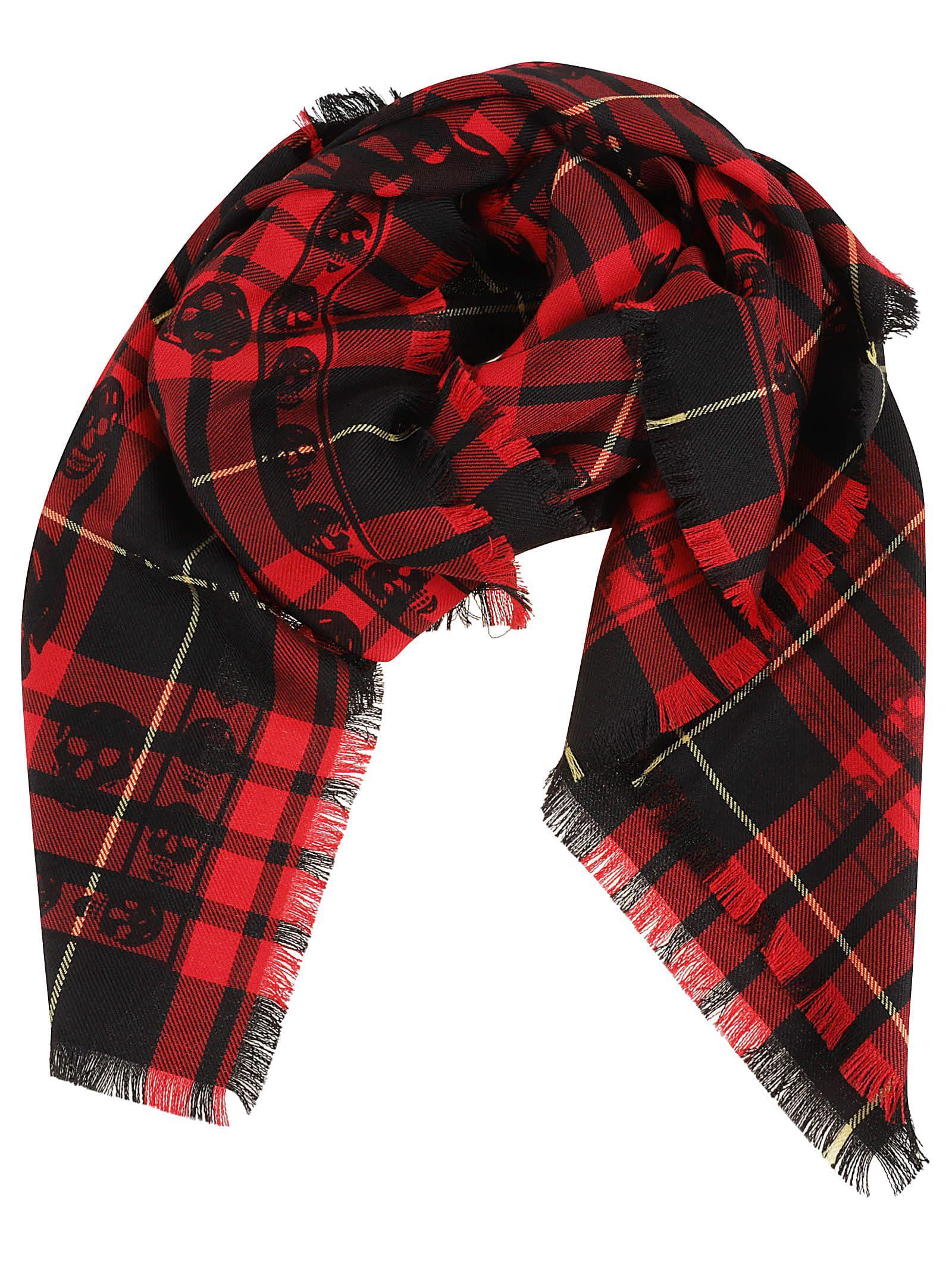 Men's Wool Tartan Plaid Skull Scarf In Red/black Product Image