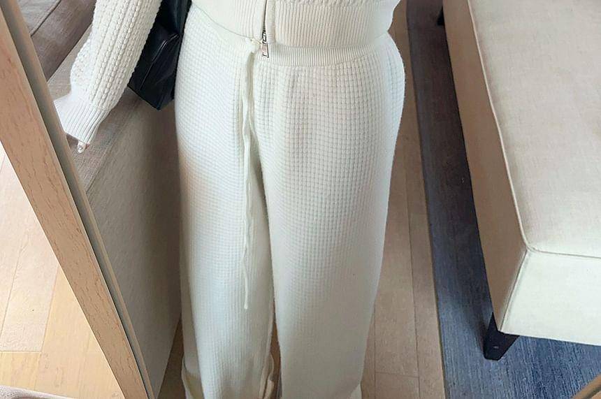 Long-Sleeve Hooded Plain Zip Cardigan / Mid Rise Plain Wide Leg Pants Product Image