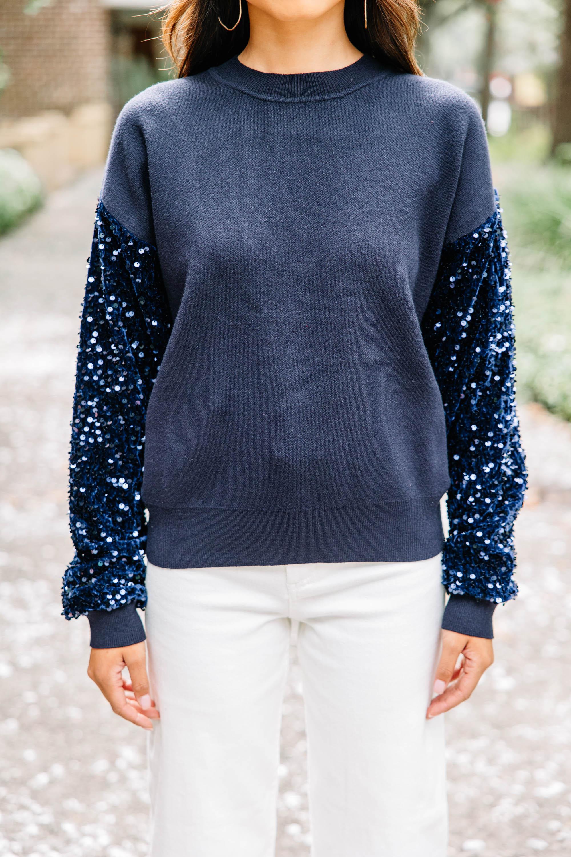 Don't Think Twice Navy Blue Sequin Sweater Female Product Image