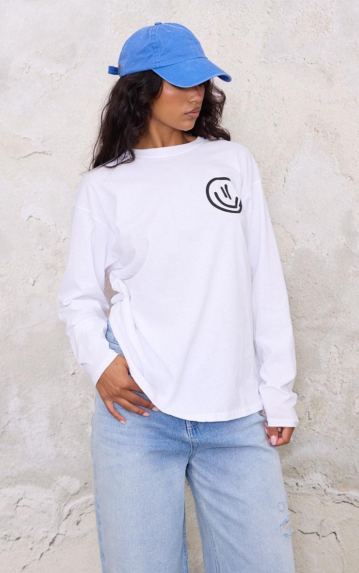 White Happy Place Graphic Oversized Long Sleeve T Shirt Product Image