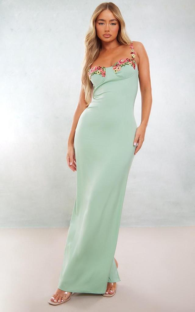 Sage Green Satin Floral Applique Underwired Strappy Maxi Dress Product Image