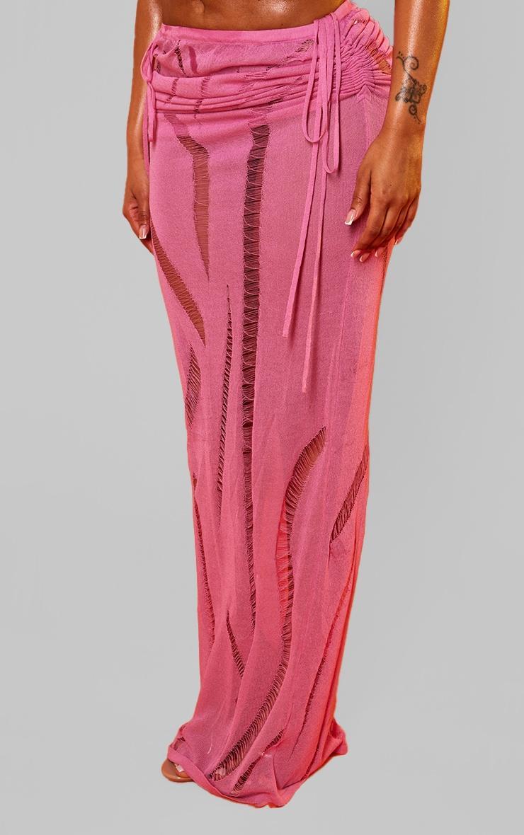 Shape Bright Pink Knit Ladder Detailed Low Rise Ruched Side Maxi Skirt Product Image