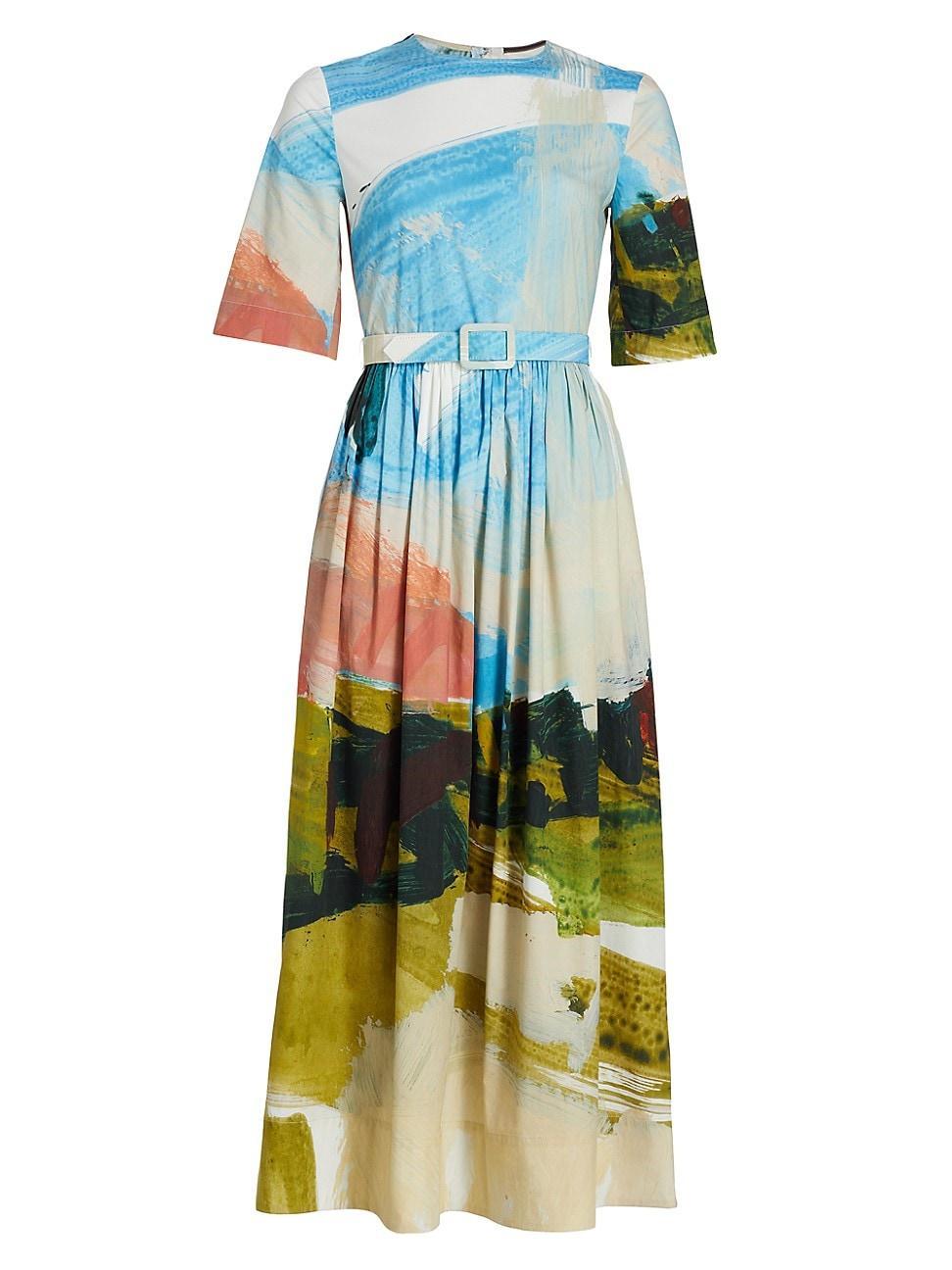 Oscar de la Renta Landscape Print Belted Stretch Cotton Midi Dress Product Image