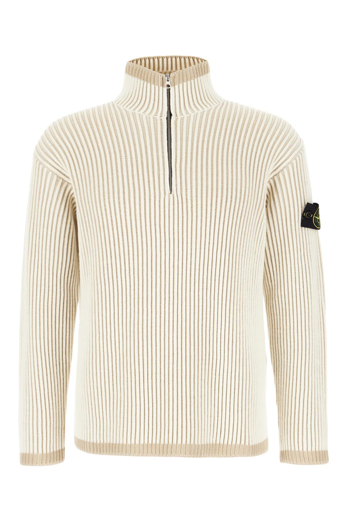 STONE ISLAND High Neck Ribbed Wool Sweater In Cream Product Image