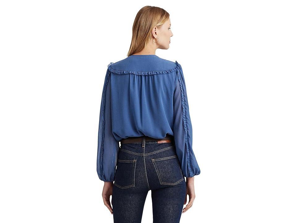 Lauren Ralph Lauren Ruffle-Trim Georgette Tie-Neck Blouse (Frosted Lapis) Women's Clothing Product Image