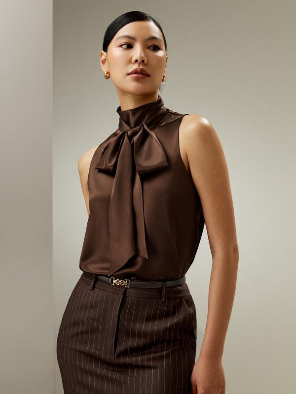 Sleeveless Tie-Neck Silk Blouse Product Image