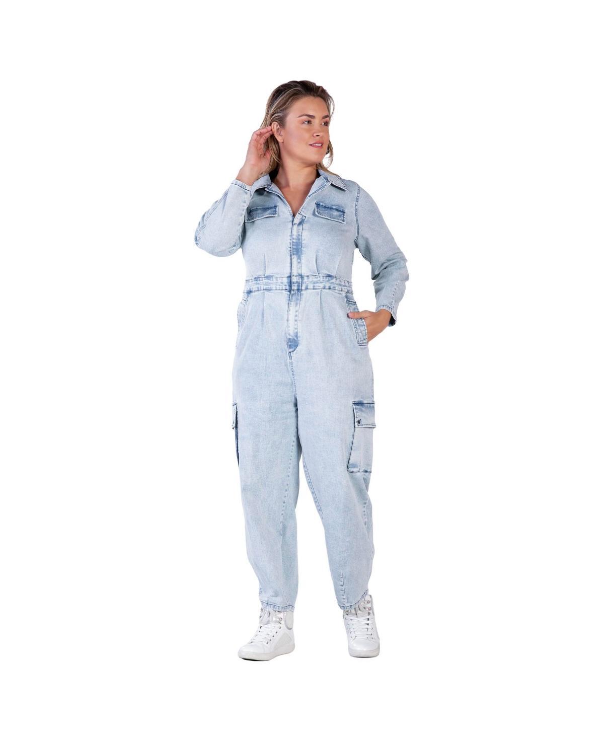 Womens Plus Size Long Sleeves Denim Cargo Jumpsuit Product Image