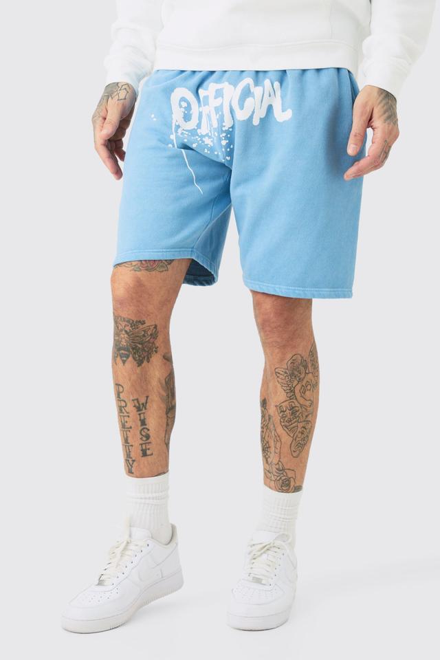 Mens Blue Tall Loose Fit Overdye Official Graffiti Jersey Shorts, Blue Product Image