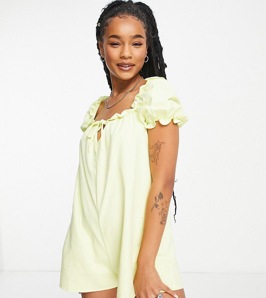 ASOS DESIGN Petite twill puff sleeve smock romper in lemon Product Image