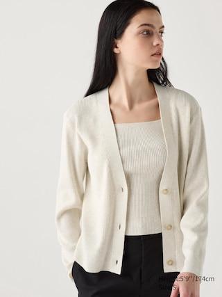 Womens Washable Knit Ribbed Cardigan Natural Large UNIQLO US Product Image