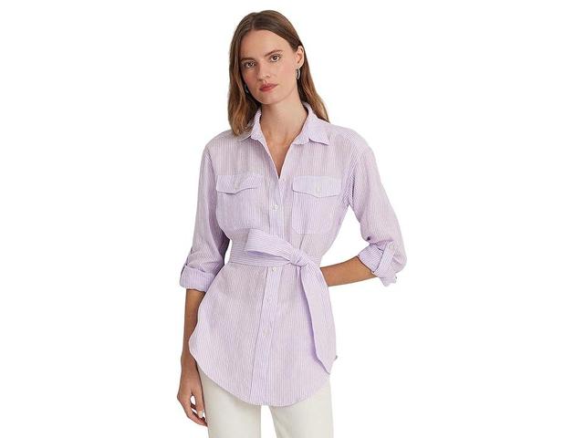 LAUREN Ralph Lauren Relaxed Fit Striped Belted Linen Shirt (Wild Lavender/White) Women's Clothing Product Image