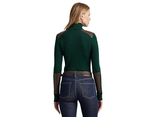 LAUREN Ralph Lauren Faux Leather-Trim Ribbed Turtleneck (Season ) Women's Sweater Product Image