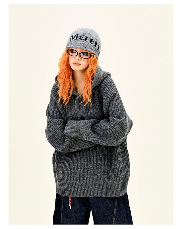 Drawstring Hooded Plain Oversizer Sweater Product Image