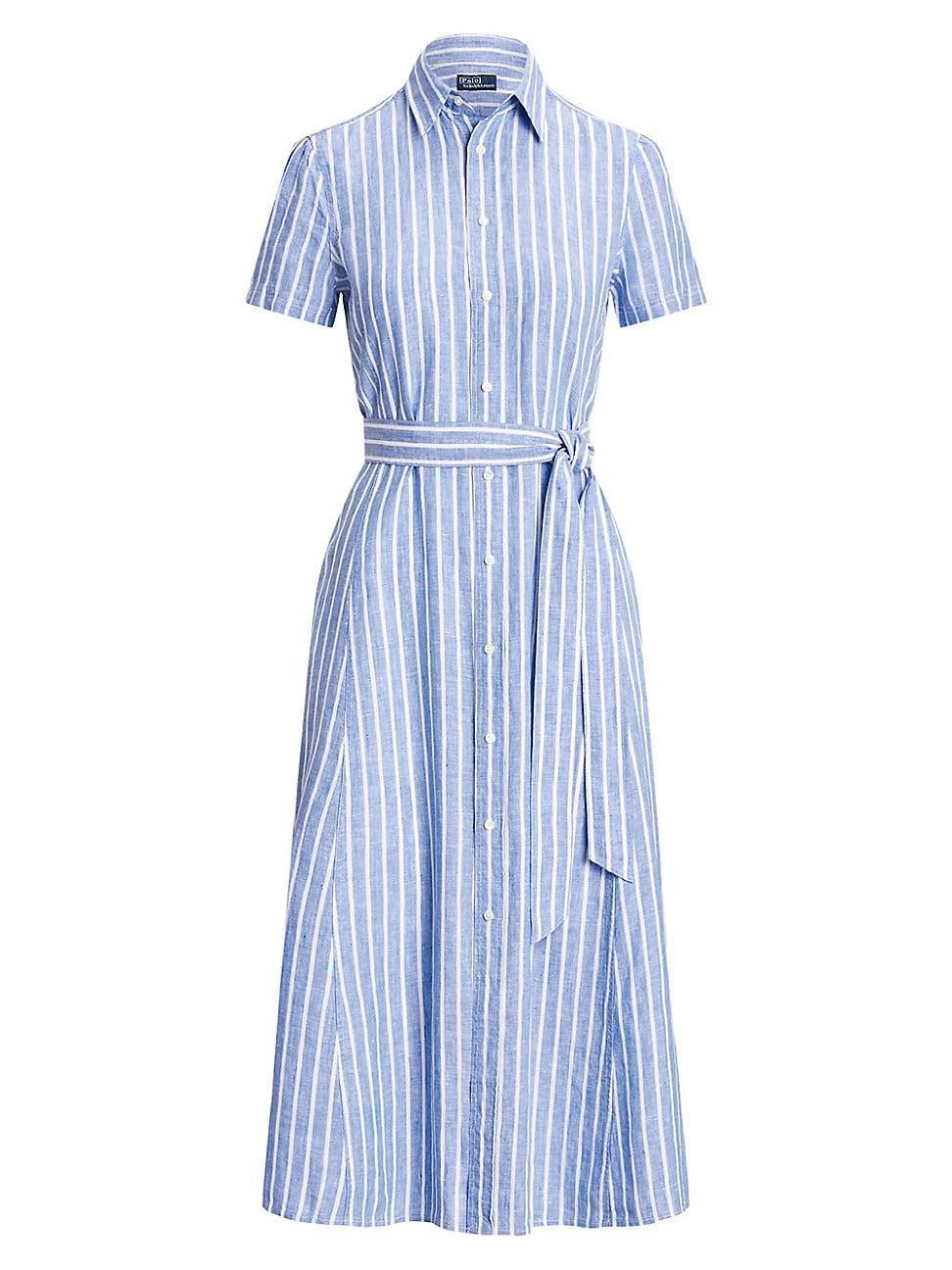 Womens Striped Linen Self-Tie Shirtdress Product Image