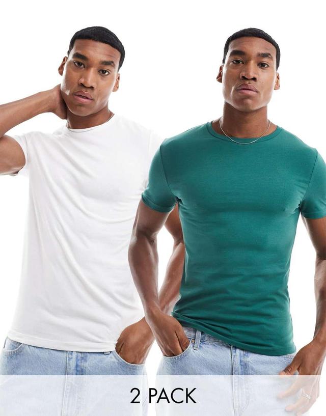 ASOS DESIGN 2 pack muscle fit T-shirts in dark green and white Product Image