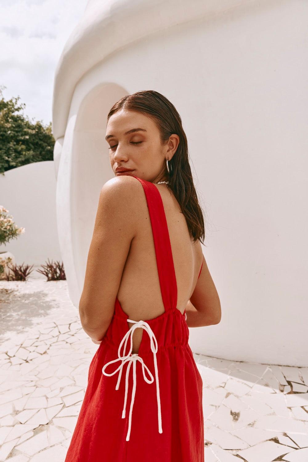 Paros Palms Linen Midi Dress Red Product Image