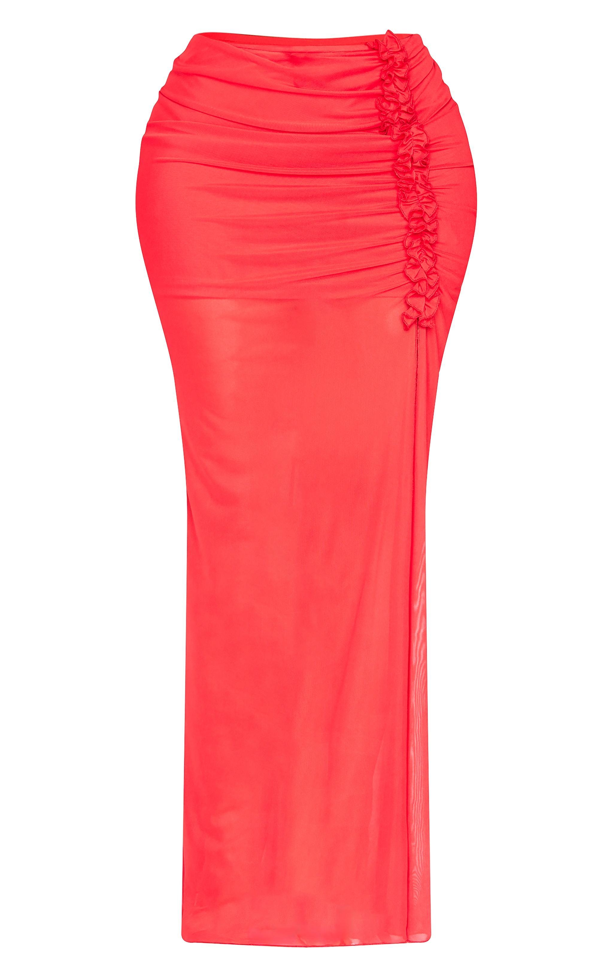 Shape Red Low Rise Frill Detail Side Split Maxi Skirt Product Image