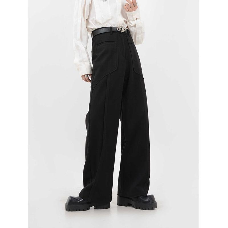 High Waist Plain Panel Straight Leg Dress Pants Product Image