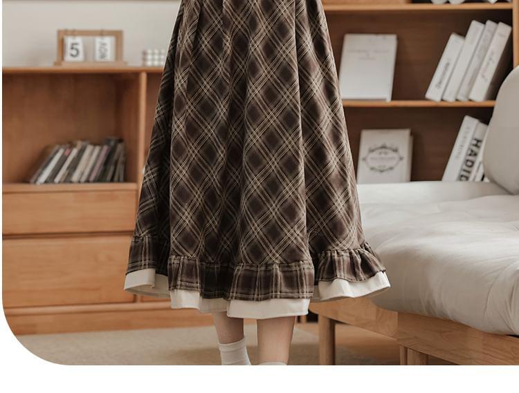 Long Sleeve Collared Plaid Ruffle Mock Two Piece Midi A-Line Dress Product Image