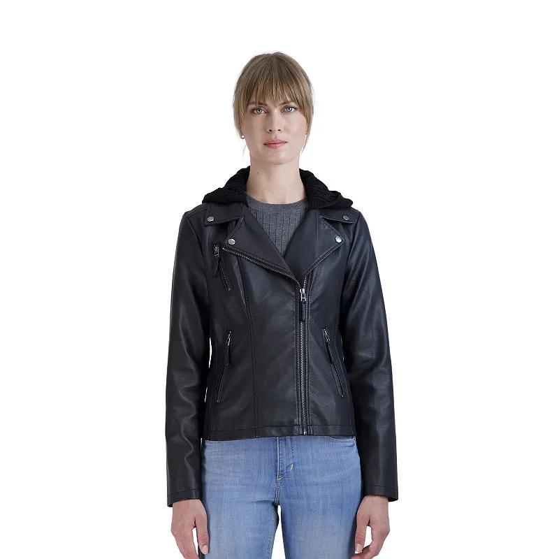 Womens Sebby Collection Hooded Faux-Leather Moto Jacket Black Product Image