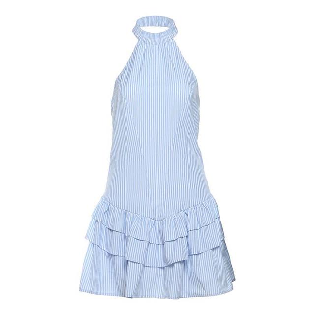 Sleeveless Mock Neck Striped Ruffled-Hem Mini A-Line Dress Product Image