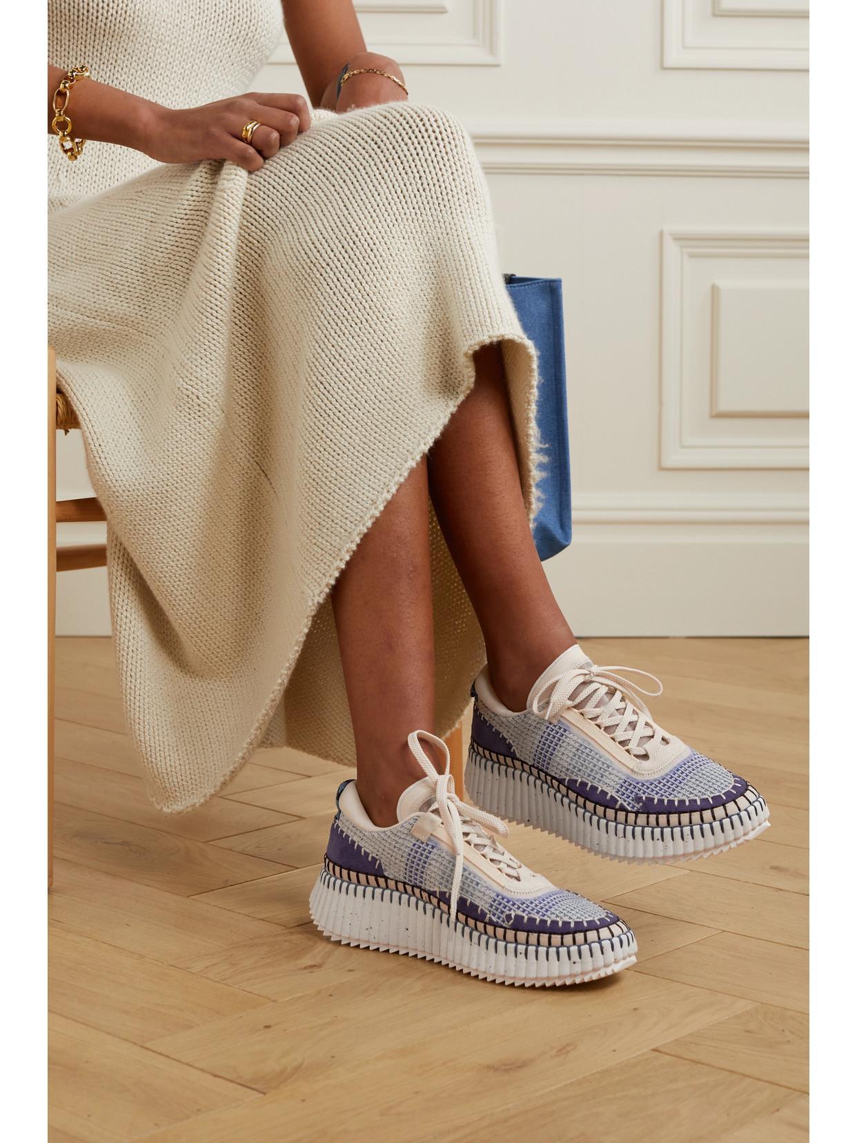 CHLOÉ Nama Embroidered Suede And Recycled-mesh Sneakers In Blue Product Image