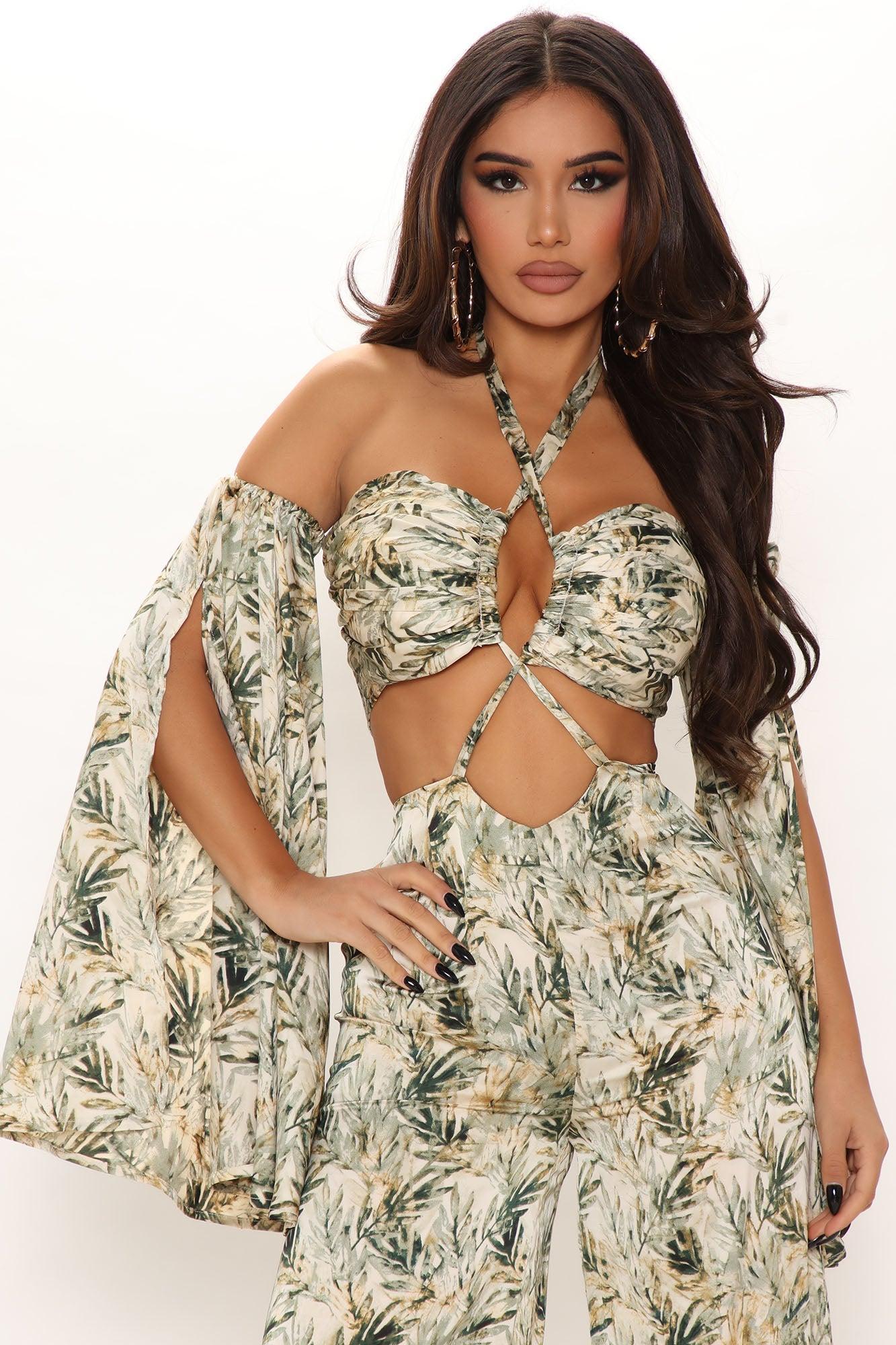 Totally Into You Tropical Satin Jumpsuit - Green/combo Product Image