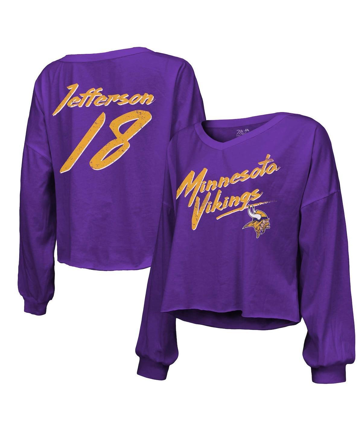 Womens Majestic Threads Justin Jefferson Minnesota Vikings Name & Number Off-Shoulder Script Cropped Long Sleeve V-Neck T-Shirt Product Image