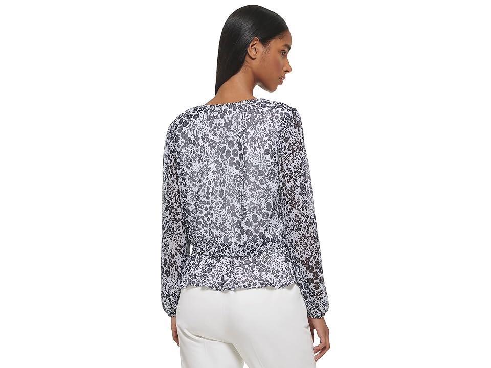 Tommy Hilfiger Long Sleeve Mesh Floral V-Neck Blouse (Ivory/Midnight) Women's Blouse Product Image