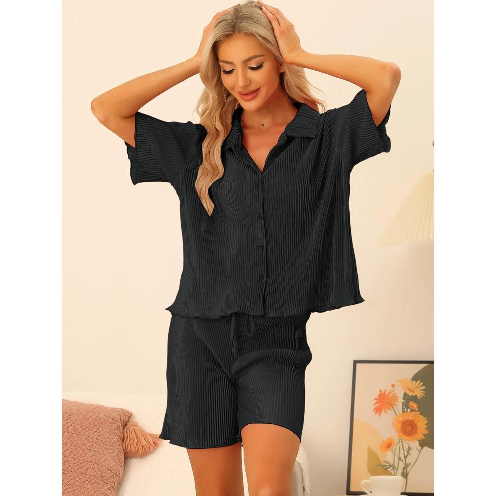 cheibear Women's Pleated Short Sleeve Button Down Outfits Set Casual Loungewear Black X-Large Product Image