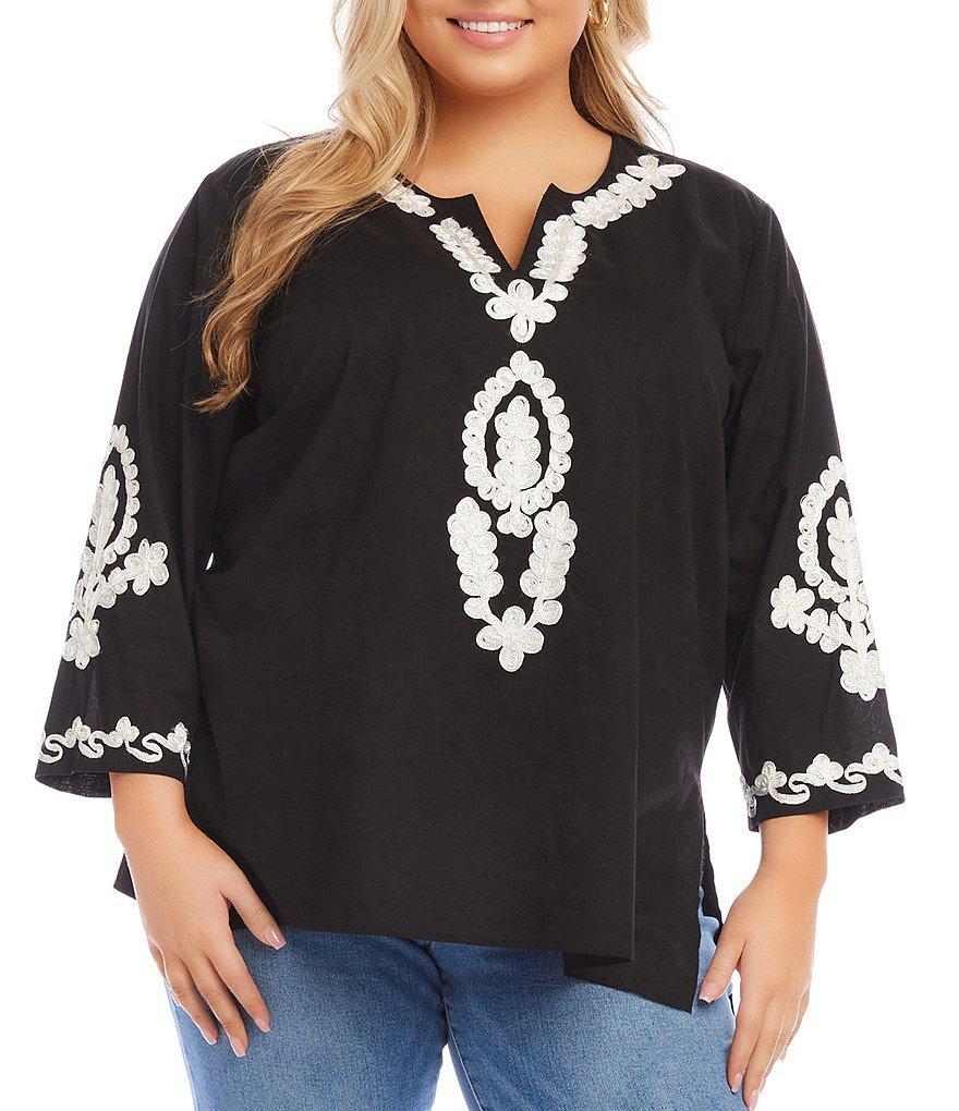 Karen Kane Plus Size Embroidered Notch V-Neck 3/4 Sleeve Side Slit Hem Tunic Product Image