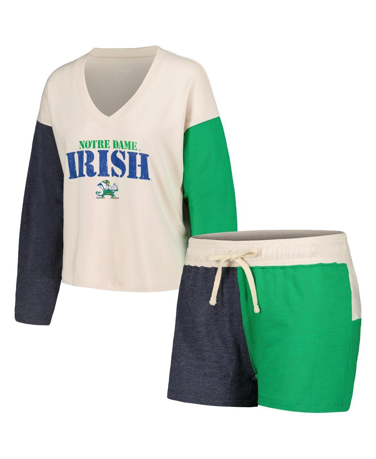 Womens Wes & Willy Cream Distressed Notre Dame Fighting Irish Colorblock Tri-Blend Long Sleeve V-Neck T-shirt and Shorts Sleep Set Product Image