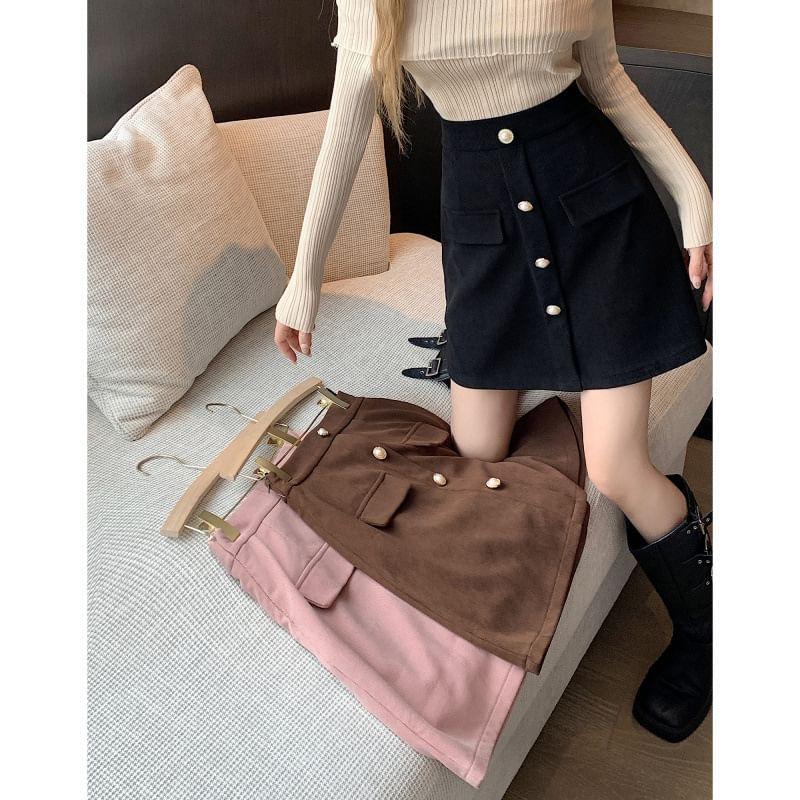 High-Waist Plain Corduroy A-Line Skirt Product Image