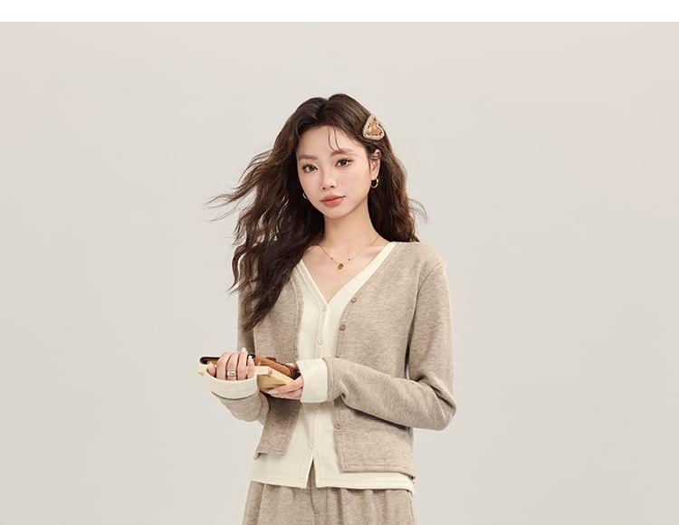 Set: Button-Up Plain Cardigan + High Waist Wide Leg Pants Product Image