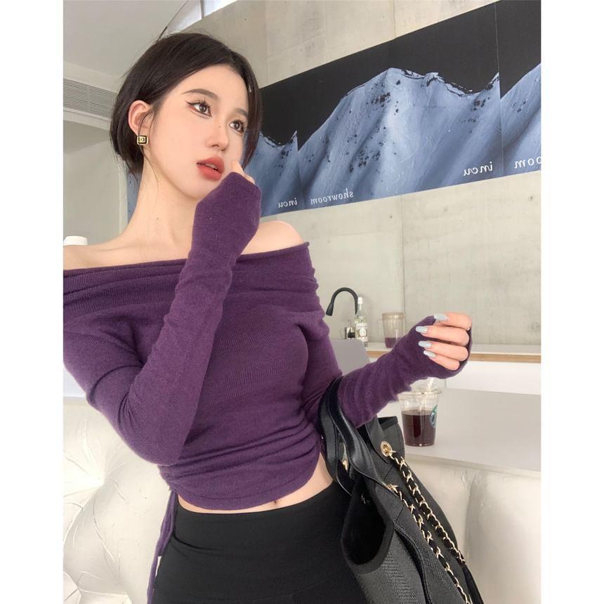 Long-Sleeve Off-Shoulder Plain Drawstring Asymmetrical Knit Crop Top Product Image