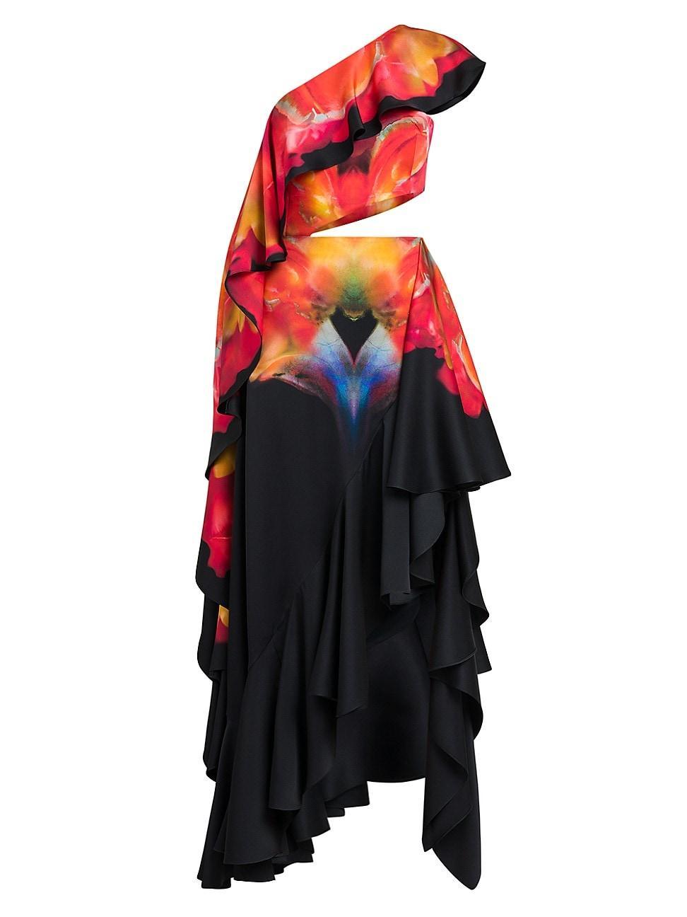 Alexander McQueen Orchid Print Asymmetric Ruffle SilkOne-Shoulder Dress Product Image