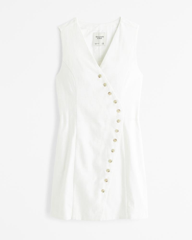 The A&F Mara Linen-Blend Asymmetrical Button Mini Dress Product Image