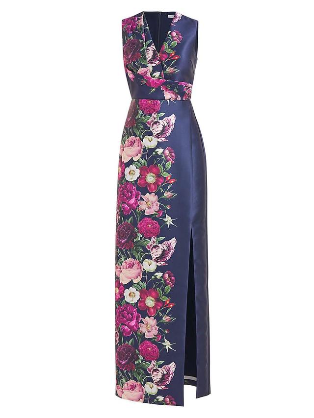 Kay Unger Floral Mikado V-Neck Sleeveless Side Slit Gown Product Image