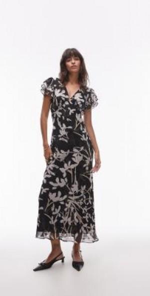 Topshop flutter sleeve midi dress in mono floral-Multi product image