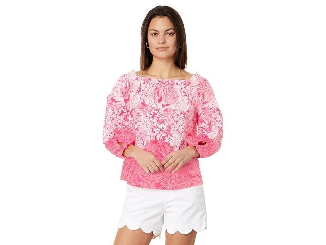 Lilly Pulitzer Jamielynn Long Sleeve Off The Shoulder Top (Roxie Pink Shadow Dancer Engineered) Women's Clothing Product Image