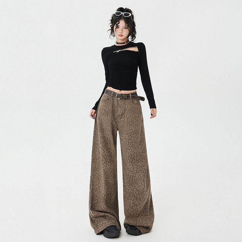 Low Waist Leopard Print Wide Leg Jeans (Various Designs) Product Image