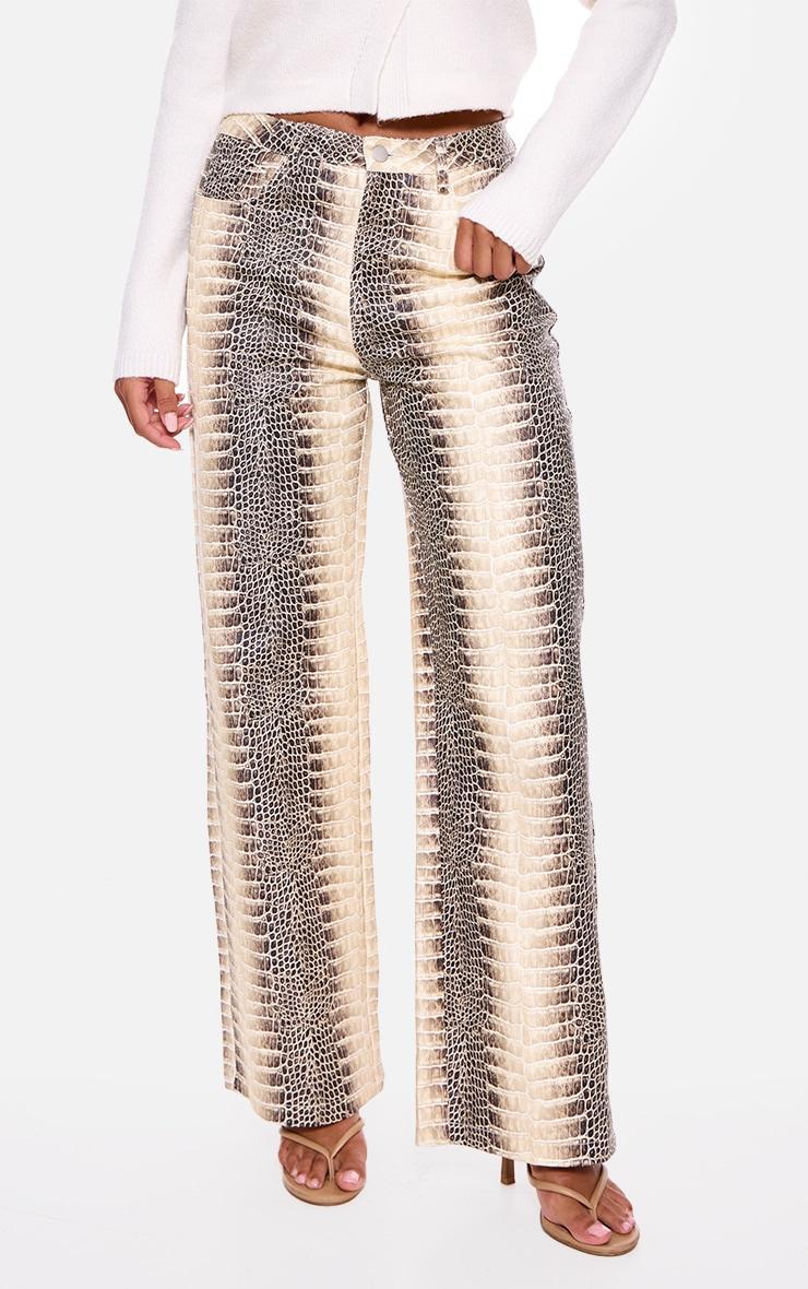 Brown Denim Low Waist Snake Print Wide Leg Jeans Product Image