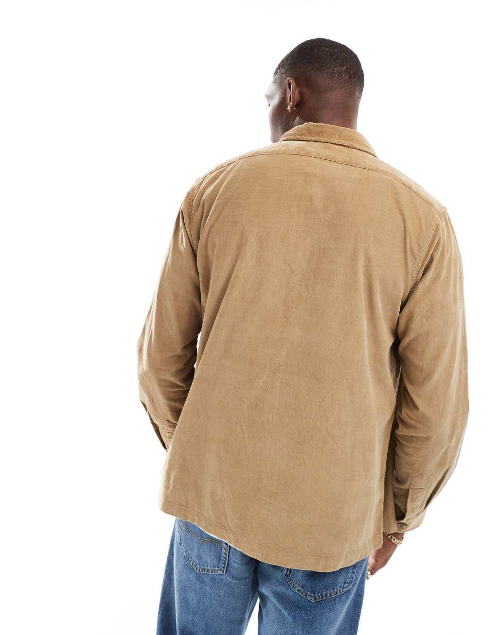 Polo Ralph Lauren icon logo zip front cord overshirt classic oversized fit in tan Product Image