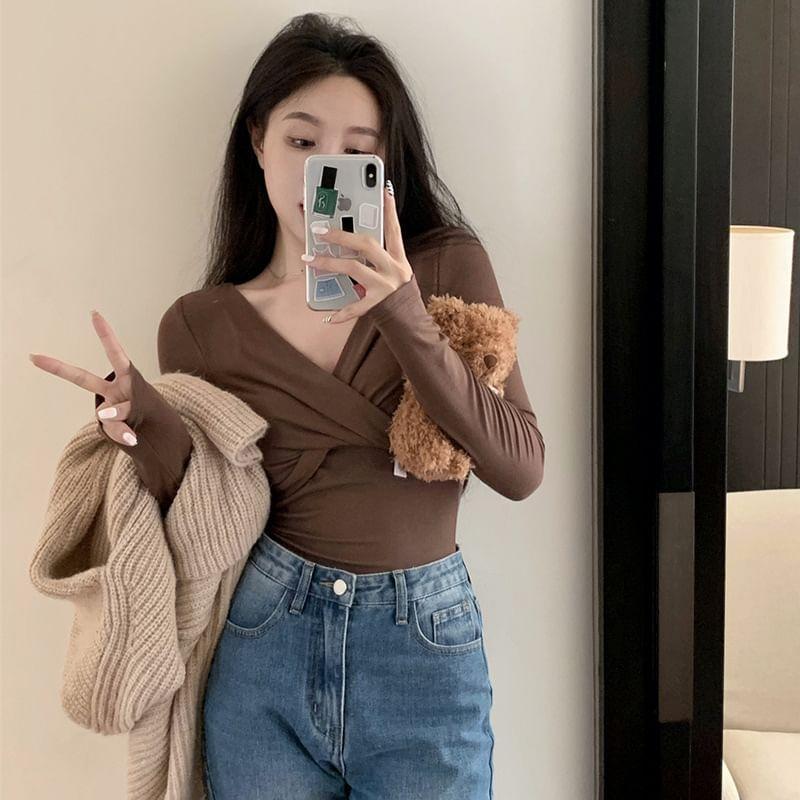 Long Sleeve V-Neck Plain Wrap Ruched Crop Top Product Image